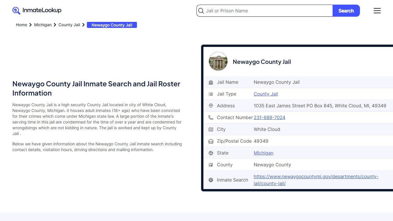 Newaygo County Jail Inmate Search, Jail Roster, Bookings, Arrests ...